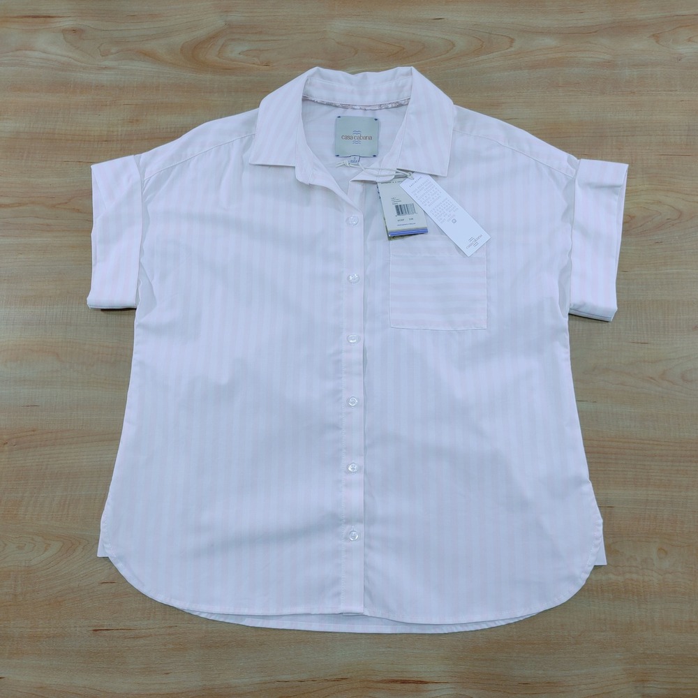 Casa Cabana Womens Pink White Striped Short Sleeve Button Down Shirt Size S